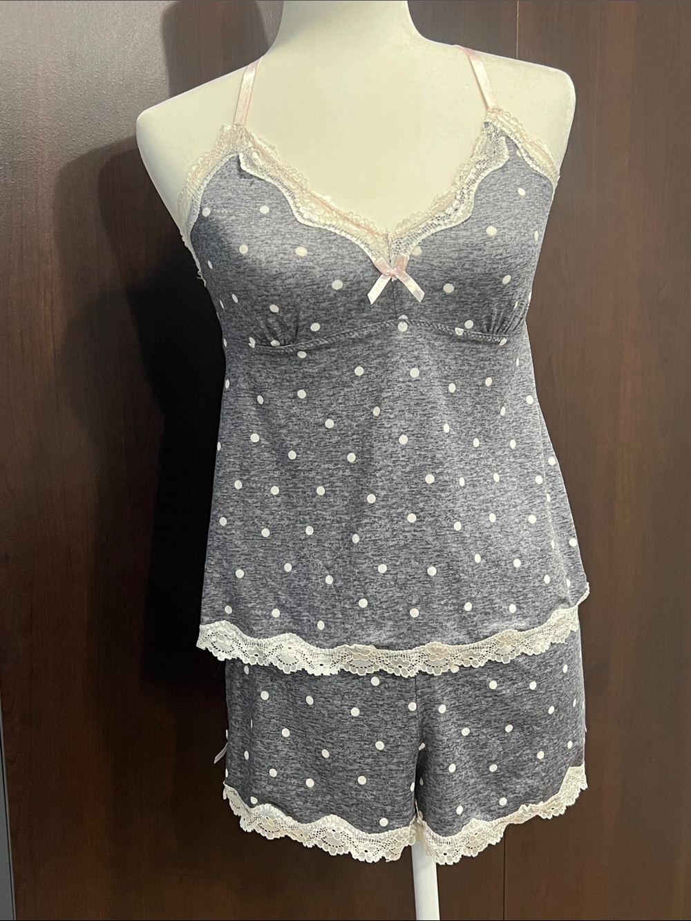Women's Gray Polka Dot Lace Trim Sleep Set - Soft Cami & Shorts size Med nwot